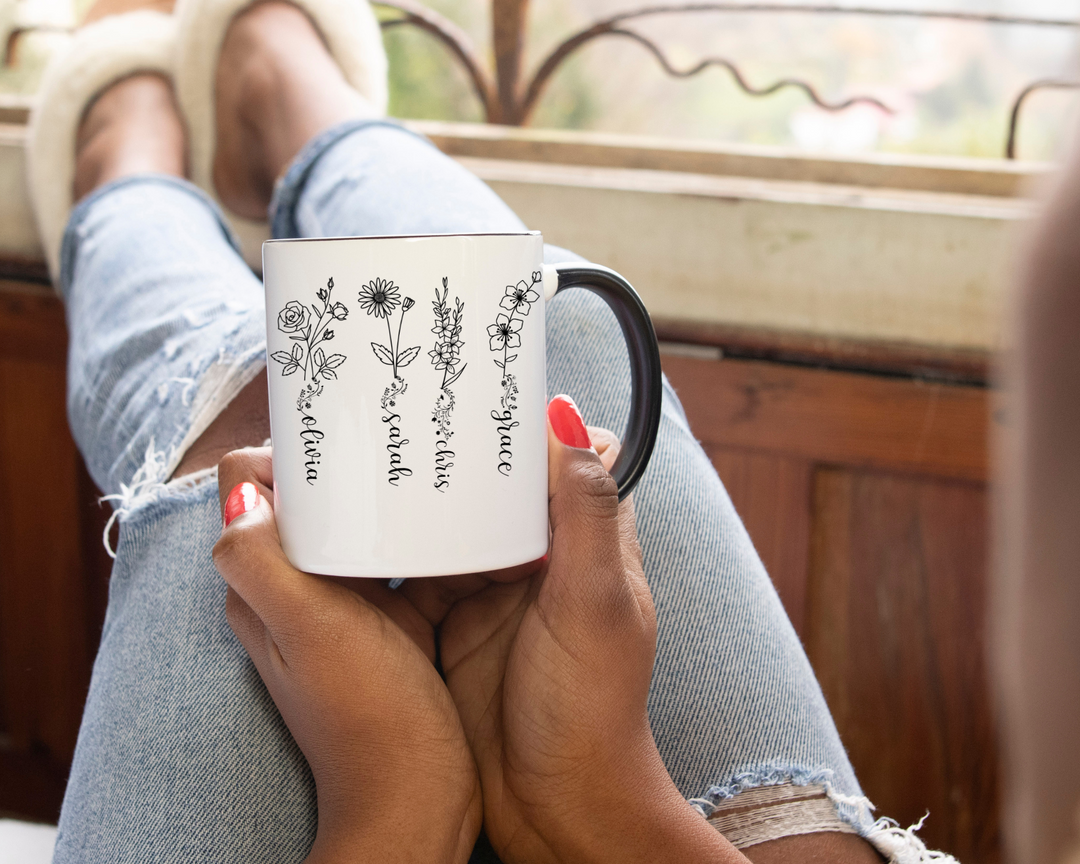 Birth Month floral black design mug